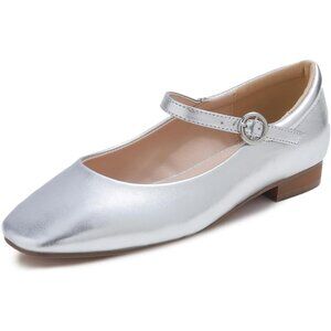 Feversole Women's Maryjane Silver Vegan Leather Synthetic Square Toe Flats